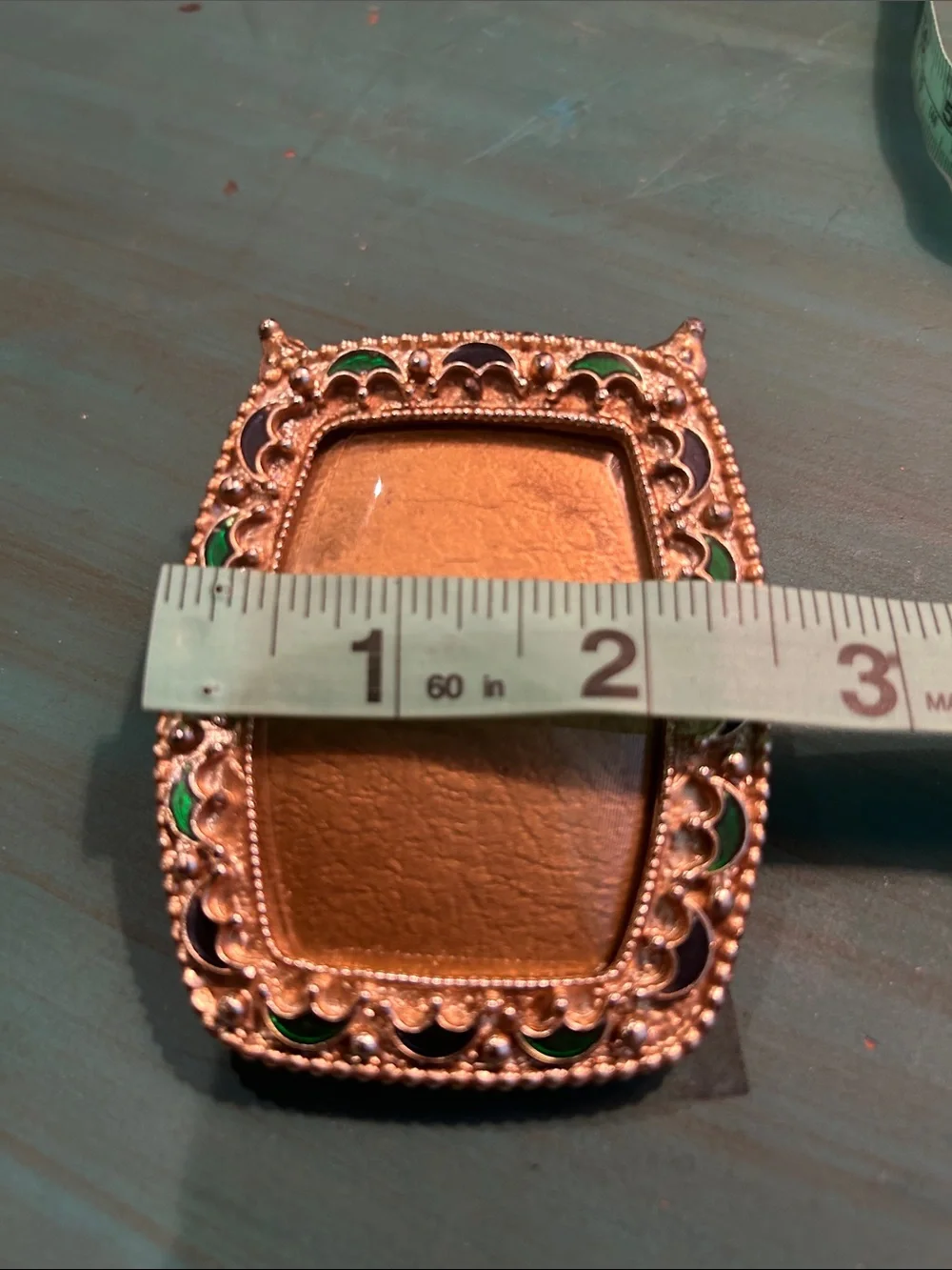 Vintage Ornate Gold Tone Mini Picture Frames with Green/Navy Enamel Accents